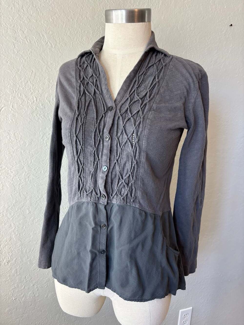 Meadow Rue Gray Button Down Shirt with Lattice Detail